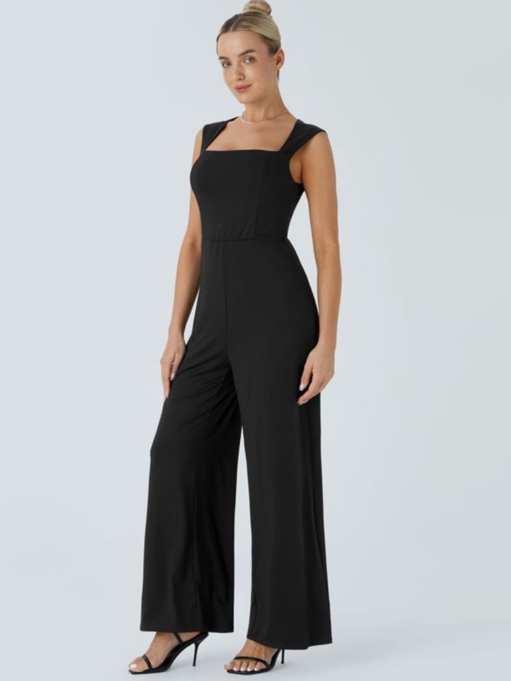 Halara Square Neck Sleeveless Black Wide-Leg Jumpsuit Medium Petite NWT